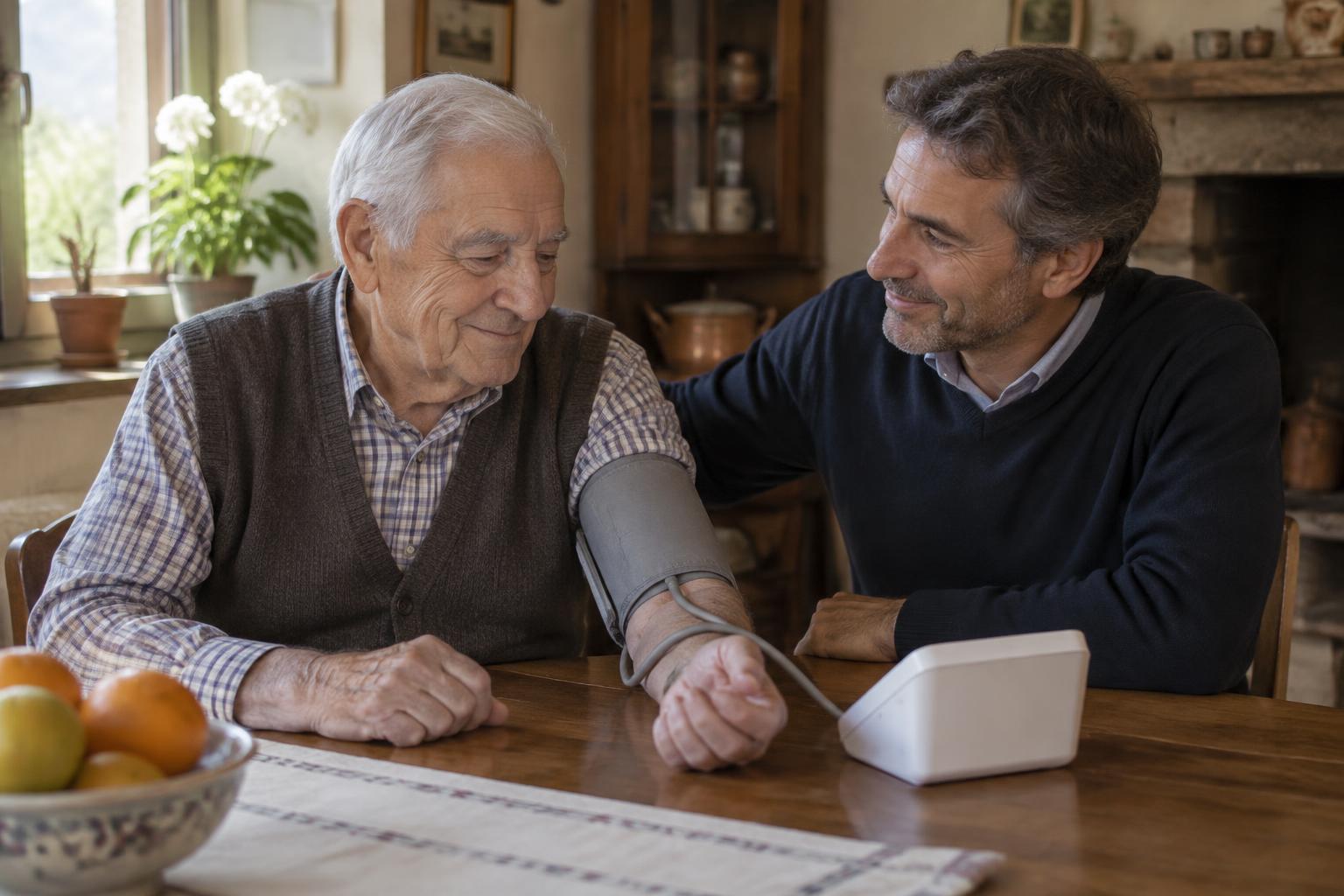 Un figlio accanto al padre che si misura la pressione a casa