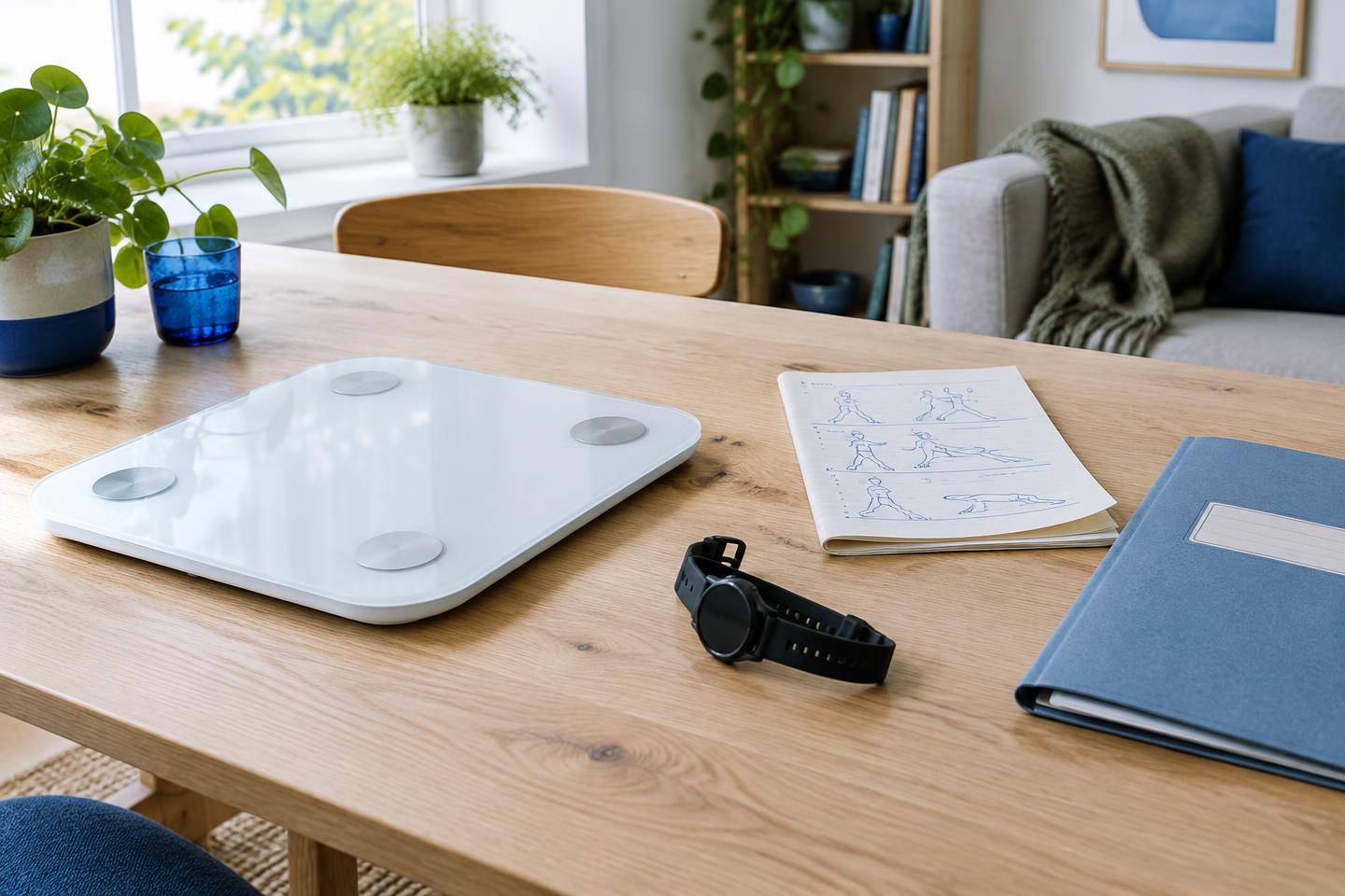 Bilancia connessa, orologio e piano di attività a casa