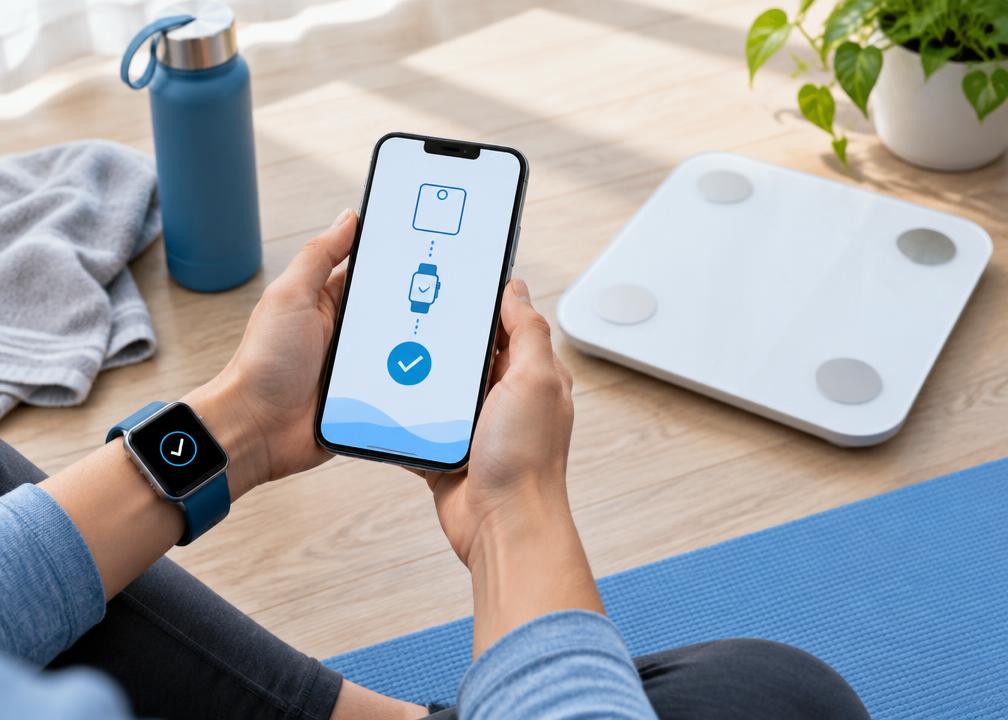 Persona con telefono, orologio e bilancia connessa