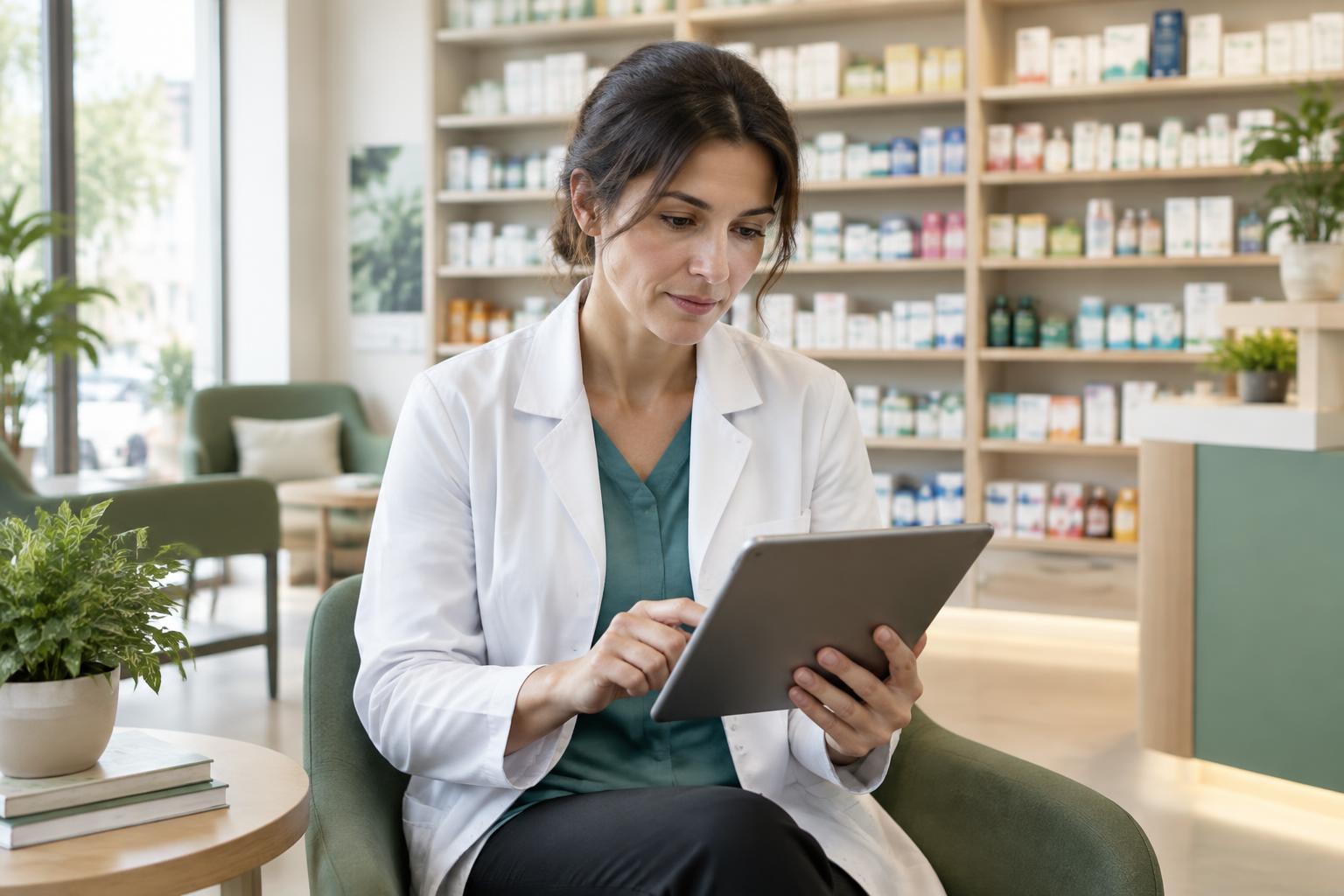 Professionista che consulta un tablet in farmacia